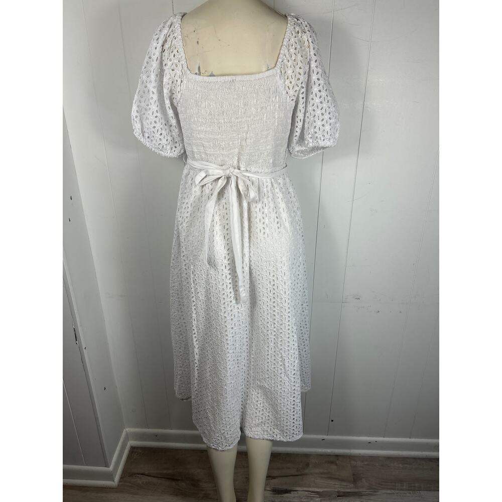 Kensie White Eyelet Midi Dress Smocked Cottagecore Puffy Sleeve in Size 14 - Picture 3 of 6